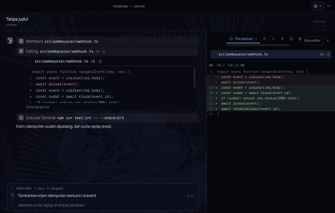 Screenshot jendela VibeCode bertema Hermes Dark. Di kiri, percakapan dengan langkah Membaca, Editing file src/pembayaran/webhook.ts (+6 −2) beserta diff-nya, Execute Terminal, dan rencana tiga langkah. Di kanan, panel Perubahan yang menampilkan diff file yang sama.